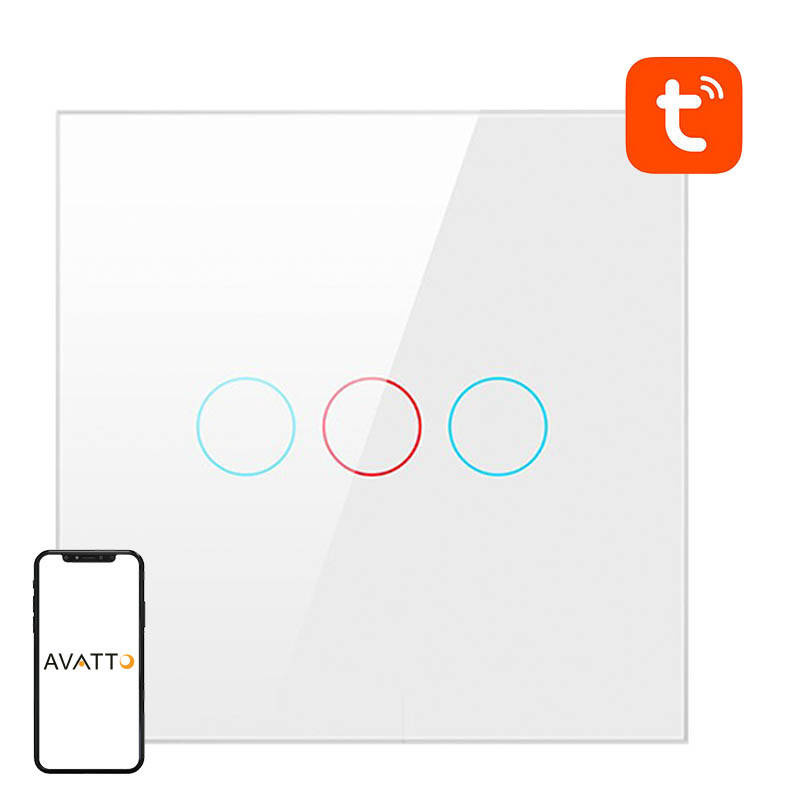 Vieds gaismas slēdzis ZigBee Avatto LZTS02-EU-W3, 3 pozīcijas, bez neitrālā vada, TUYA (balts)