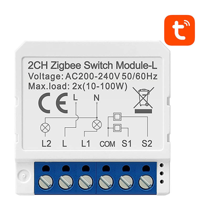 Vieds slēdža modulis ZigBee Avatto LZWSM16-W2 bez neitrāla vadu TUYA