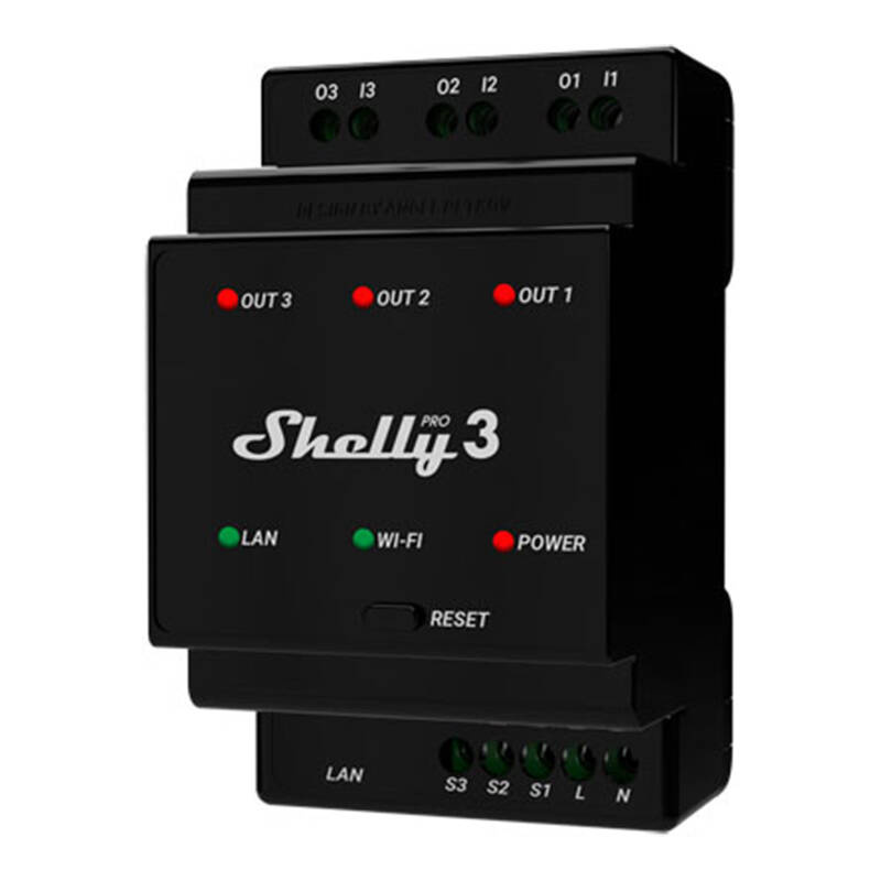 Shelly Pro 3 DIN sliedes 3-kanālu relejs, WiFi/LAN