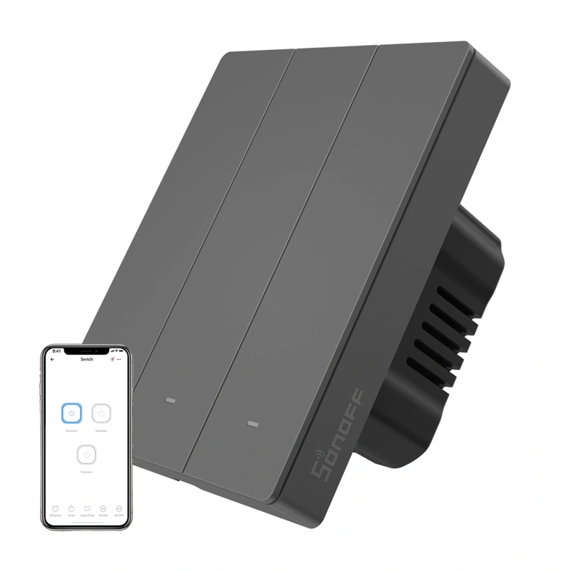 Vieds WiFi sienas slēdzis SONOFF M5-3C-80 (3 kanāli, rāmim, grafīta krāsā)