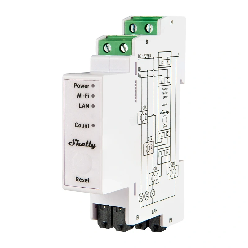 Shelly PRO 3EM 120A 3-fāzu WiFi/Bluetooth/Matter elektrības skaitītājs